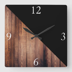 Moderne Schwarz- und Holzplanks Quadratische Wanduhr