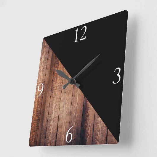 Moderne Schwarz- und Holzplanks Quadratische Wanduhr (Winkel)
