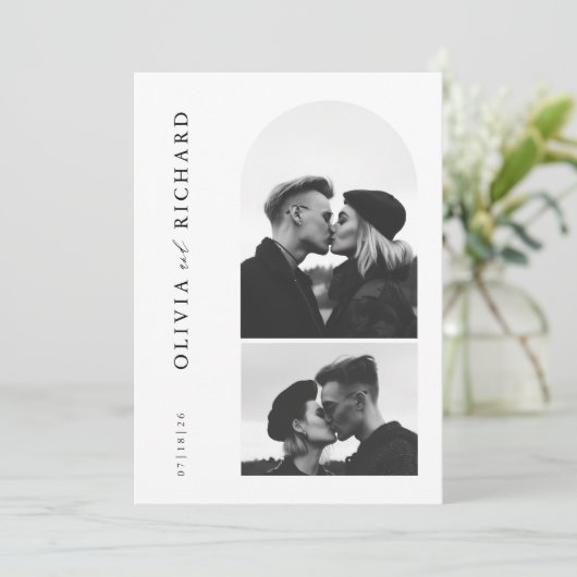Moderne Schwarz-Weiß-2-Foto-Hochzeit Einladung (Stehend Vorderseite)