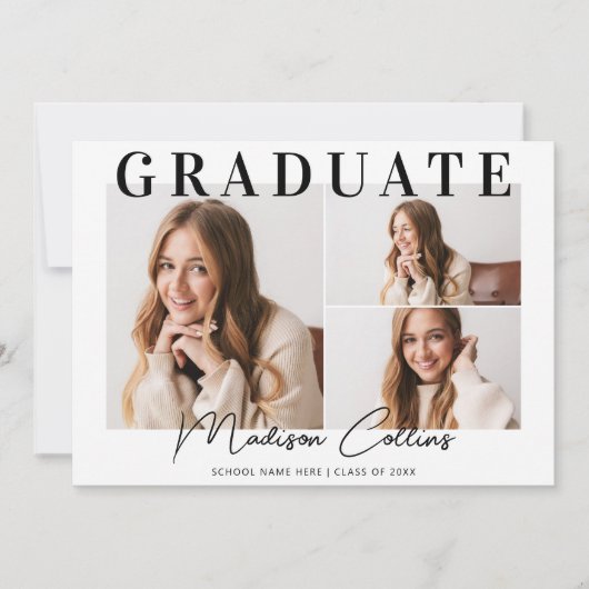 Moderne Schwarz-Weiß-3-Foto-Graduierungspartei Einladung (Vorderseite)