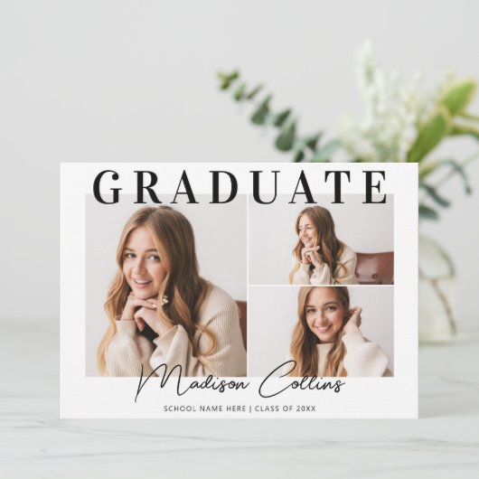 Moderne Schwarz-Weiß-3-Foto-Graduierungspartei Einladung (Stehend Vorderseite)