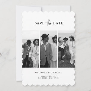 Moderne Schwarz-Weiß-3-Foto-Hochzeit mit gewelltem Save The Date
