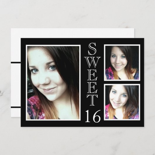 Moderne Schwarz-Weiß-3 Foto Süß 16 Einladung (Vorne/Hinten)