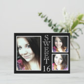 Moderne Schwarz-Weiß-3 Foto Süß 16 Einladung (Stehend Vorderseite)