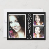 Moderne Schwarz-Weiß-3 Foto Süß 16 Einladung (Vorderseite)