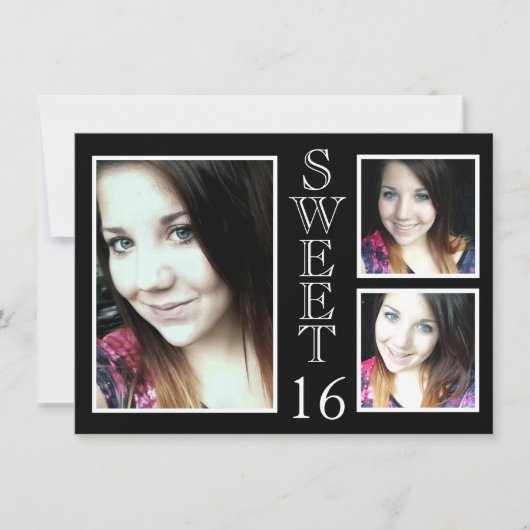 Moderne Schwarz-Weiß-3 Foto Süß 16 Einladung (Vorderseite)