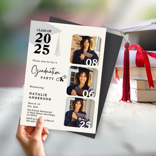 Moderne Schwarz-Weiß-3-Fotos-Graduierungsparty Einladung