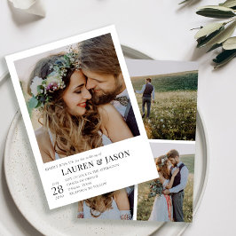 Moderne Schwarz-Weiß-4-Foto-Hochzeit Einladung