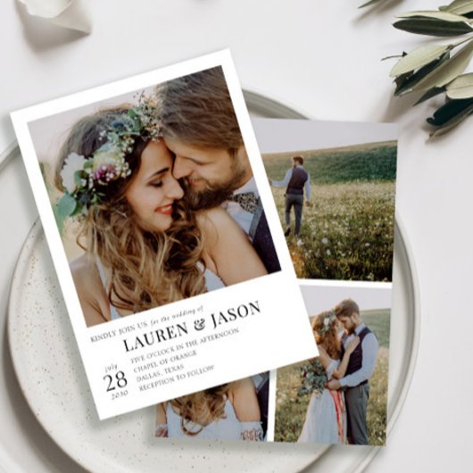 Moderne Schwarz-Weiß-4-Foto-Hochzeit Einladung