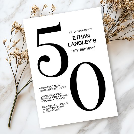 Moderne Schwarz-Weiß-50. Geburtstagsparty Einladung