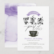 Moderne Schwarz-Weiß-Aquarell-Teeparty Lila