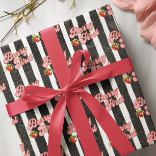 Moderne Schwarz-Weiß-Beere Erster Geburtstag Erdbe Geschenkpapier