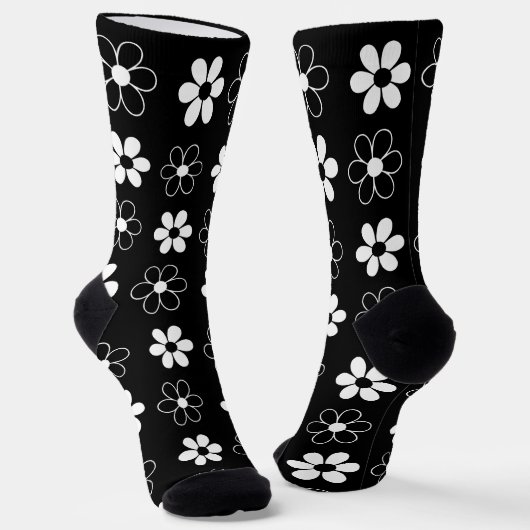 Moderne Schwarz-Weiß-Blume auf Schwarz Socken (Gewinkelt)