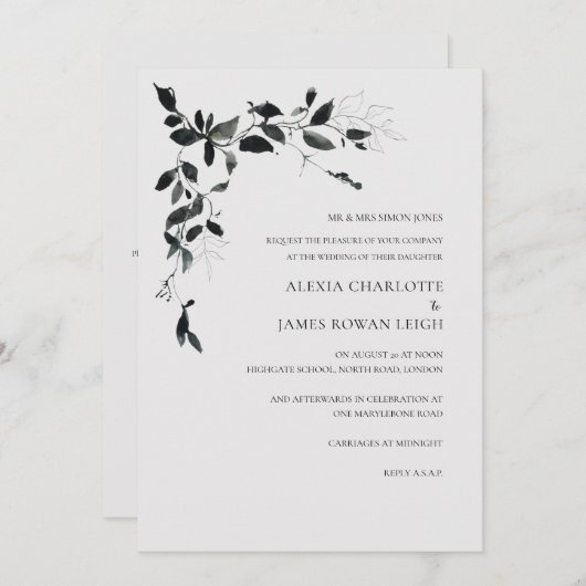 Moderne Schwarz-Weiß-Blume Einladung zur Hochzeit  (Vorne/Hinten)