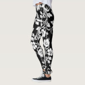 Moderne Schwarz-Weiß-Blume Kunstwerk Filigree Leggings (Links)