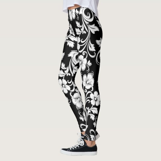 Moderne Schwarz-Weiß-Blume Kunstwerk Filigree Leggings (Links)