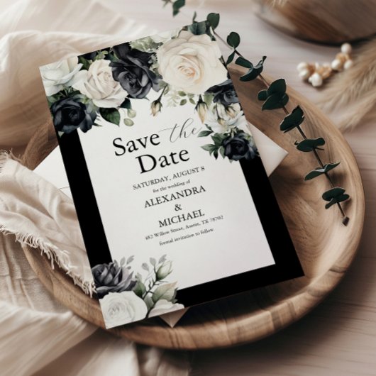 Moderne Schwarz-Weiß-Blumen-Hochzeit Rette die Dat Save The Date