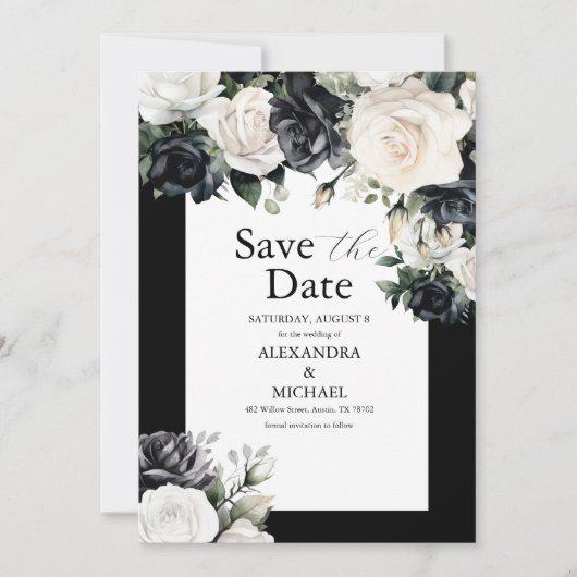 Moderne Schwarz-Weiß-Blumen-Hochzeit Rette die Dat Save The Date (Vorderseite)