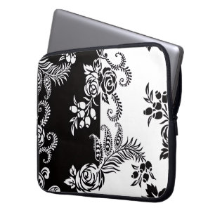 Moderne Schwarz-Weiß Blumen Laptop-Hülle Laptopschutzhülle