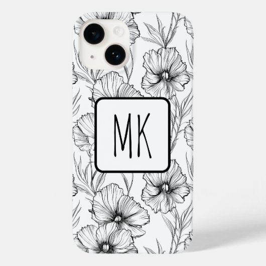 Moderne Schwarz-Weiß-Blumen-Mit Monogramm Case-Mate iPhone Hülle (Rückseite)