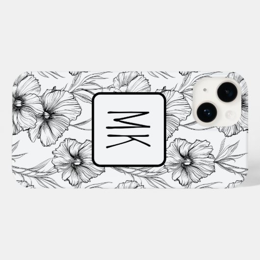 Moderne Schwarz-Weiß-Blumen-Mit Monogramm Case-Mate iPhone Hülle (Rückseite (Horizontal))