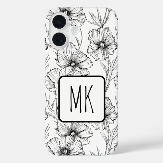 Moderne Schwarz-Weiß-Blumen-Mit Monogramm Case-Mate iPhone Hülle (Rückseite)