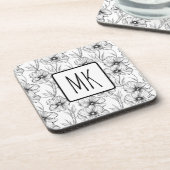 Moderne Schwarz-Weiß-Blumen-Mit Monogramm Getränkeuntersetzer (Linke Seite)