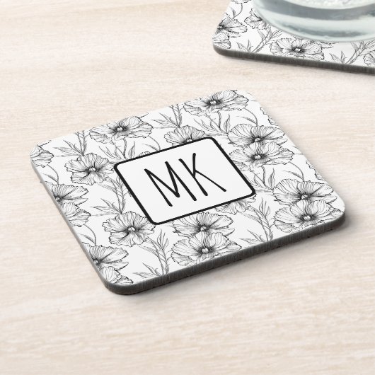 Moderne Schwarz-Weiß-Blumen-Mit Monogramm Getränkeuntersetzer (Linke Seite)