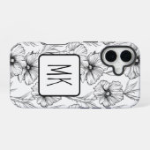 Moderne Schwarz-Weiß-Blumen-Mit Monogramm iPhone 16 Hülle (Rückseite (Horizontal))