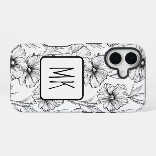 Moderne Schwarz-Weiß-Blumen-Mit Monogramm iPhone 16 Hülle (Rückseite (Horizontal))