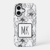 Moderne Schwarz-Weiß-Blumen-Mit Monogramm iPhone 16 Hülle (Rückseite)