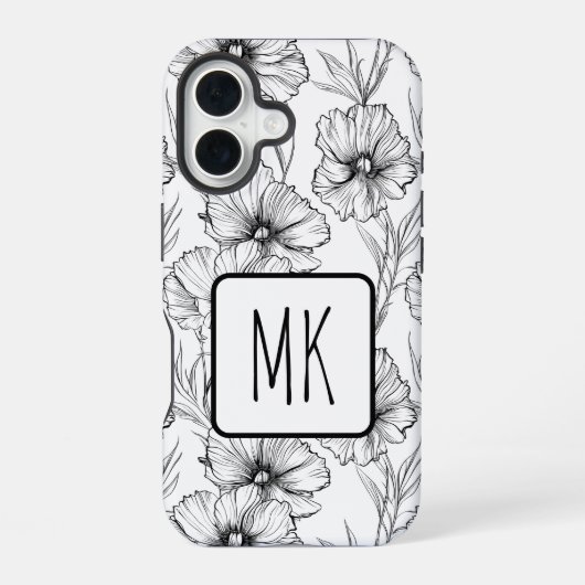 Moderne Schwarz-Weiß-Blumen-Mit Monogramm iPhone 16 Hülle (Rückseite)