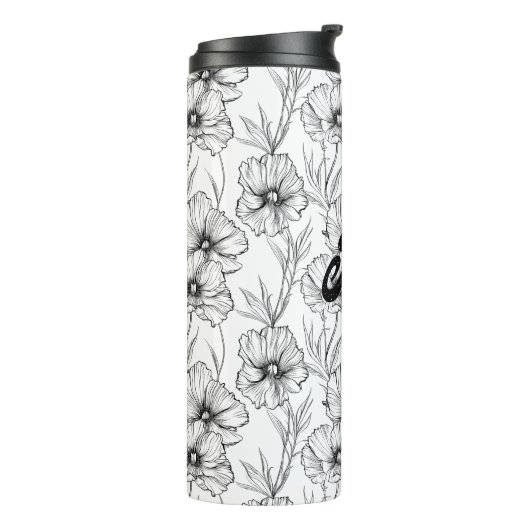 Moderne Schwarz-Weiß-Blumen-Mit Monogramm Thermosbecher (Nach links gedreht)