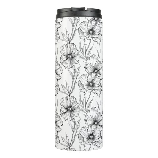 Moderne Schwarz-Weiß-Blumen-Mit Monogramm Thermosbecher (Rückseite)