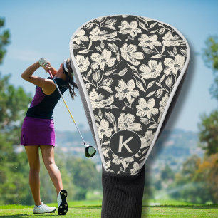 Moderne Schwarz-Weiß-Blumenmuster-Monogramm Golf Headcover