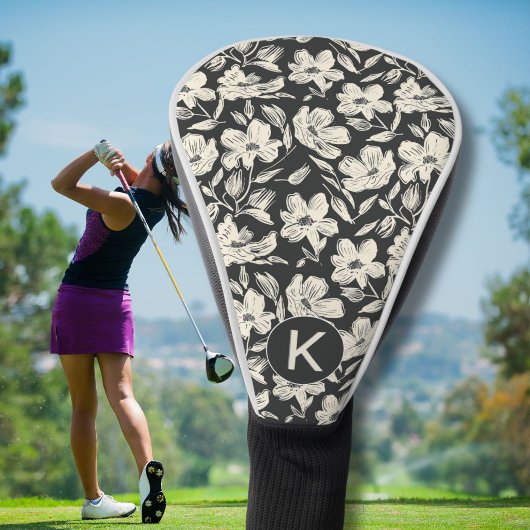 Moderne Schwarz-Weiß-Blumenmuster-Monogramm Golf Headcover