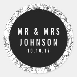 Moderne Schwarz-Weiß-Blütenaufkleber Mr. & Mrs. Runder Aufkleber