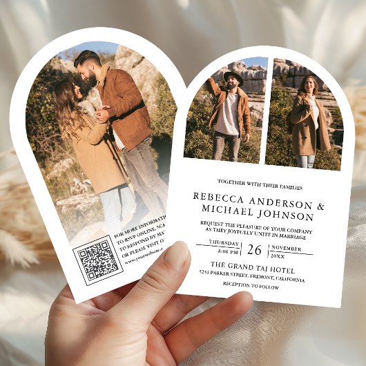 Moderne Schwarz-Weiß-Bogen-Foto-QR-Code-Hochzeit Einladung
