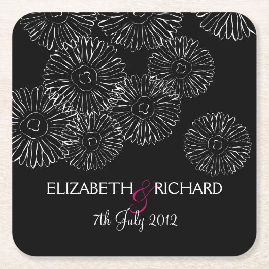 Moderne Schwarz-Weiß-Boho-Chic-Daisy-Hochzeit Rechteckiger Pappuntersetzer (Vorderseite)