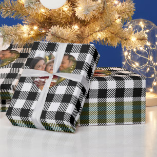 Moderne Schwarz-Weiß-Büffel-Karo-Weihnachtsfoto Geschenkpapier