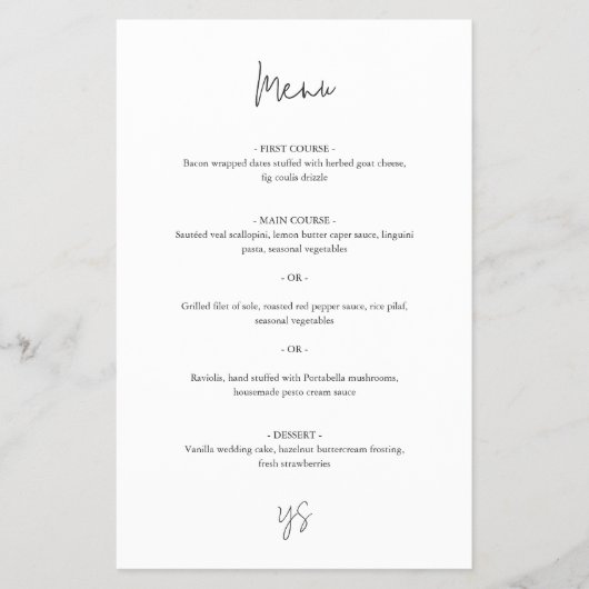 Moderne Schwarz-Weiß Chic Hochzeitsmenü Flyer (Vorne)