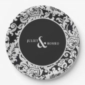 Moderne Schwarz-Weiß-Damaskus-Hochzeit Pappteller (Vorderseite)