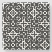Moderne Schwarz-Weiß-Damast Graphic Floral Steinuntersetzer (Vorderseite)
