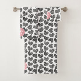 Moderne Schwarz-Weiß-Doodle-Herzen Mit Monogramm Badhandtuch Set