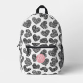 Moderne Schwarz-Weiß-Doodle-Herzen Mit Monogramm Bedruckter Rucksack (Vorderseite)