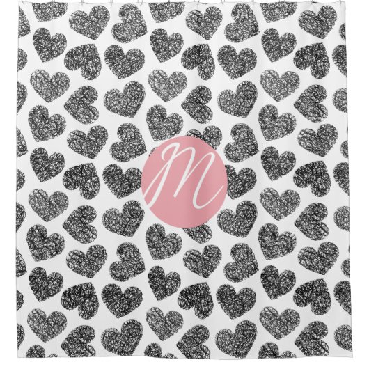 Moderne Schwarz-Weiß-Doodle-Herzen Mit Monogramm Duschvorhang (Vorderseite)