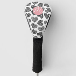Moderne Schwarz-Weiß-Doodle-Herzen Mit Monogramm Golf Headcover