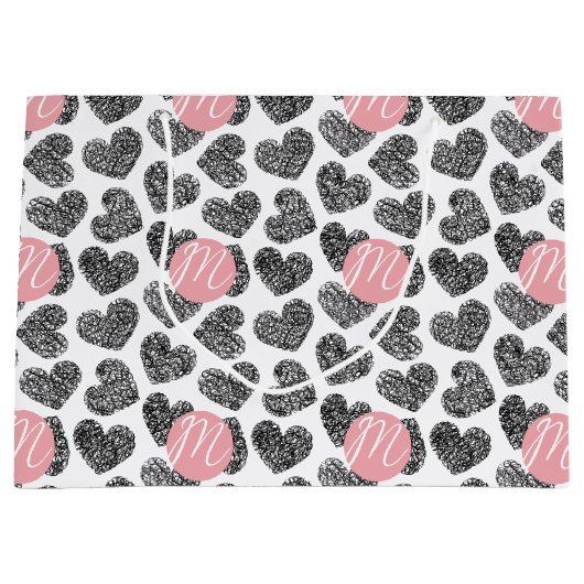 Moderne Schwarz-Weiß-Doodle-Herzen Mit Monogramm Große Geschenktüte (Vorderseite)