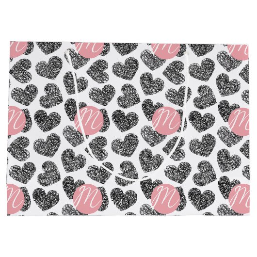 Moderne Schwarz-Weiß-Doodle-Herzen Mit Monogramm Große Geschenktüte (Rückseite)