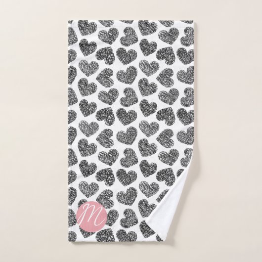 Moderne Schwarz-Weiß-Doodle-Herzen Mit Monogramm Handtuch (Handtuch)